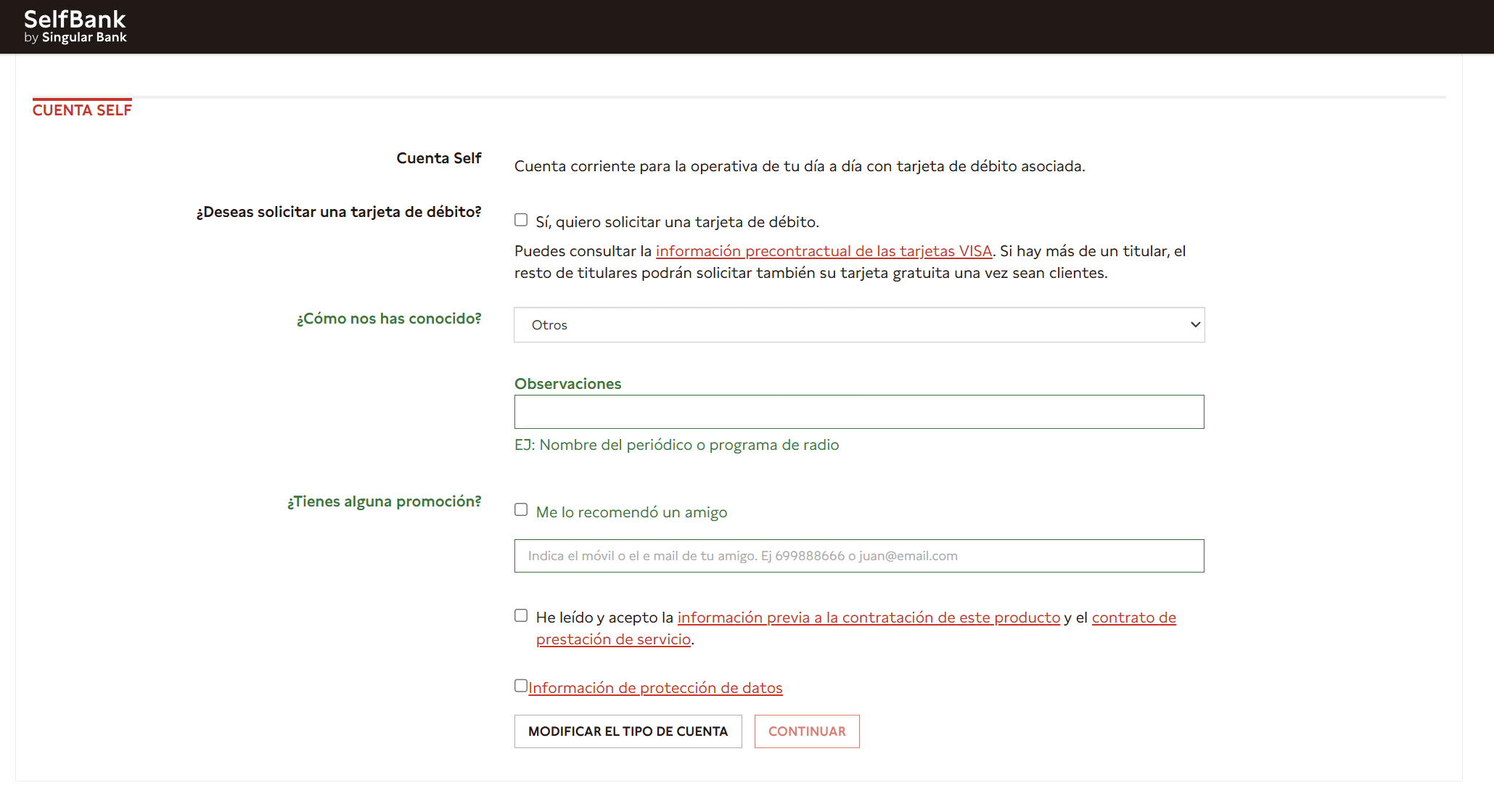 Captura de pantalla del formulario Self Bank mostrando el campo para introducir el email o móvil del amigo